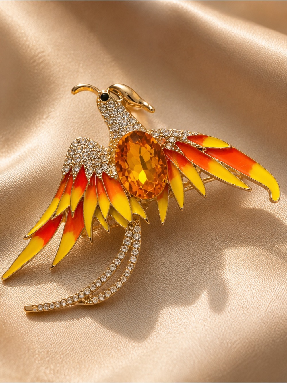 Golden Phoenix Bird Brooch with Amber Crystal and Enamel Wings - Picture 2 of 4